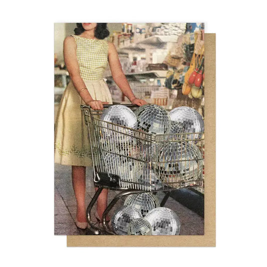 East End Prints card: a 1960s woman pushing a supermarket trolley full of disco balls