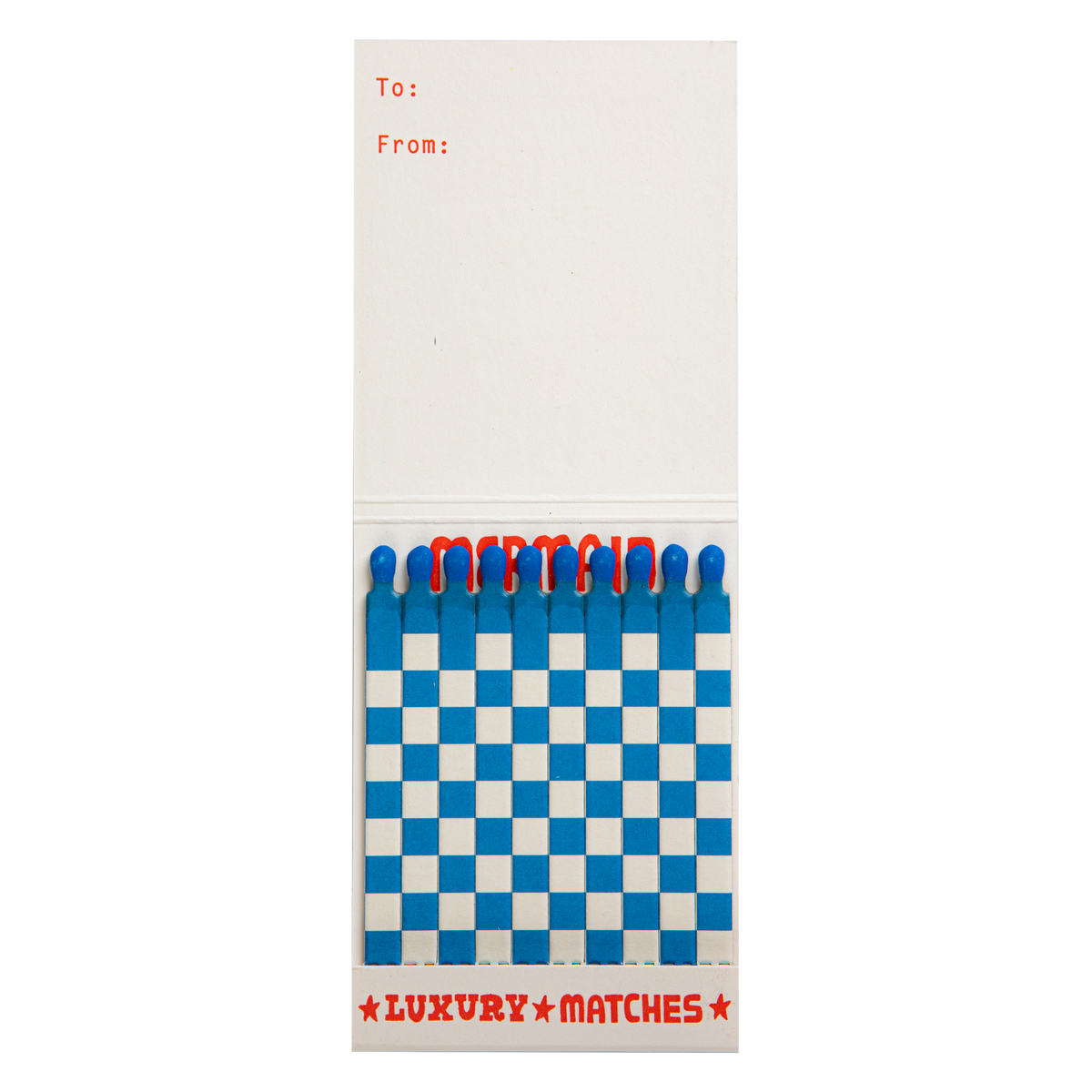 Inside the Mermaid match book with blue and white matches and a To/From space