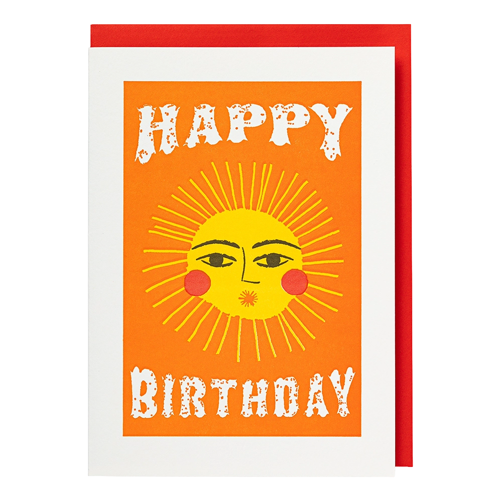 Archivist card: a smiling sun on orange, with 'Happy birthday'