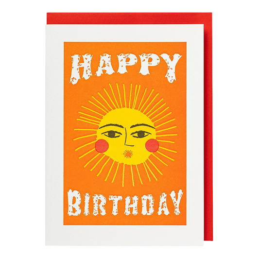 Archivist card: a smiling sun on orange, with 'Happy birthday'