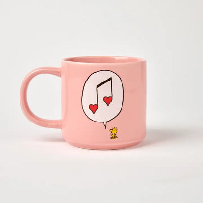 Back of the Love Song mug with Woodstock under a music note speech bubble