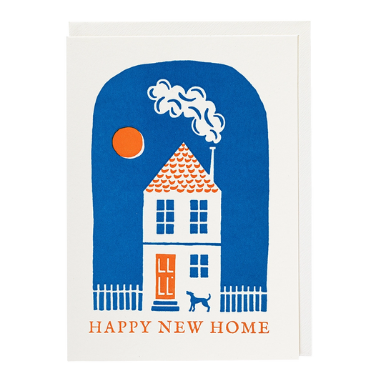 Archivist letterpress card: a blue house with a dog and smoking chimney, with 'Happy new home'
