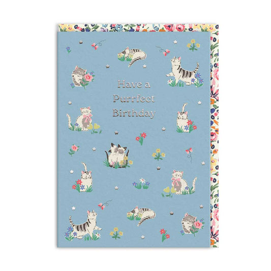 Cath Kidston card: kittens among flowers on blue, with 'Have a purrfect birthday'