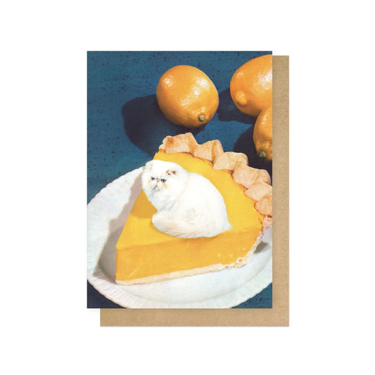 East End Prints card: a white cat sitting on a slice of lemon meringue pie