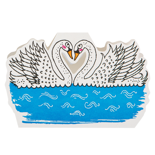 Archivist cut-out card: two swans forming a heart above blue water