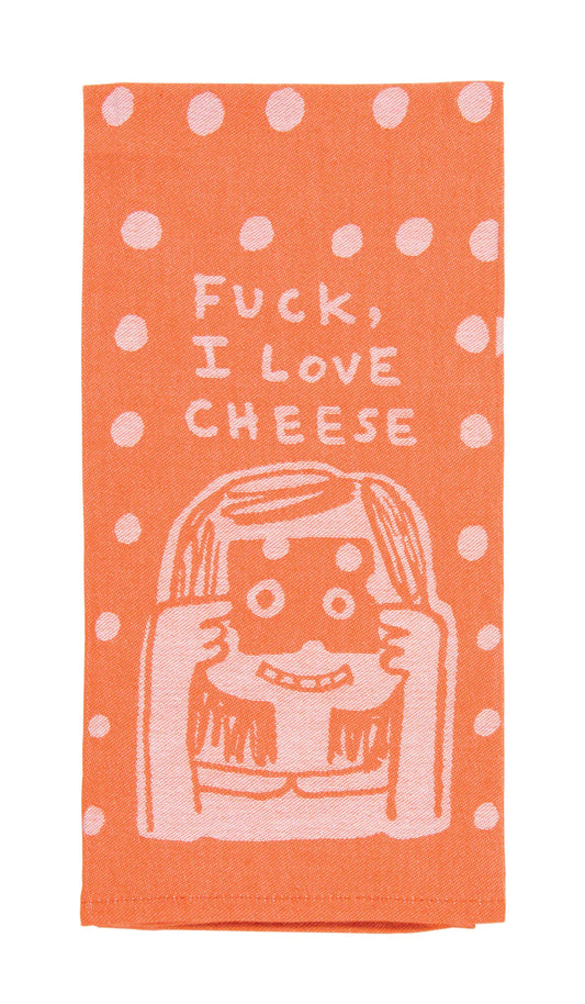 Blue Q tea towel, folded: orange with white polka dots and a figure hugging cheese, with 'Fuck, I love cheese'