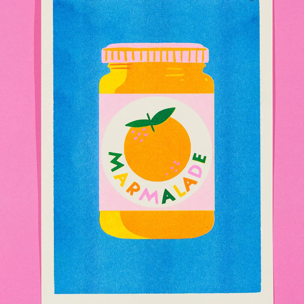 Naomi Wilkinson A4 riso print: a jar of marmalade with an orange on the label, on blue