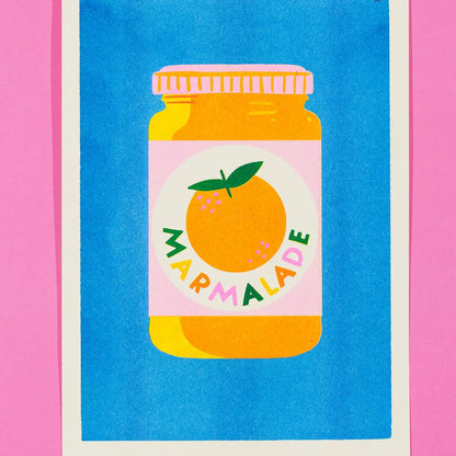 Naomi Wilkinson A4 riso print: a jar of marmalade with an orange on the label, on blue