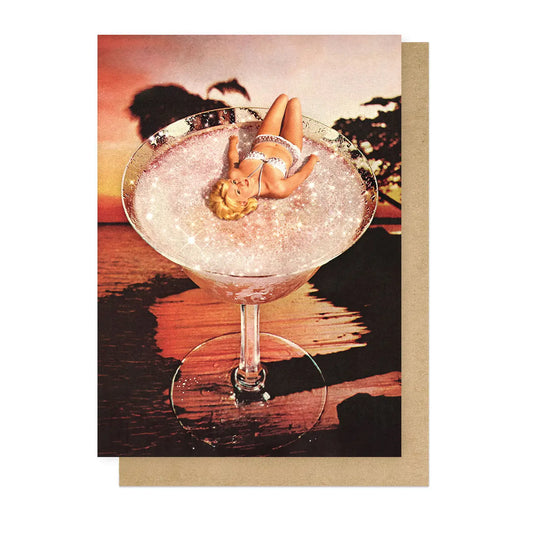 East End Prints card: a vintage pin-up woman relaxing in a giant margarita glass at sunset