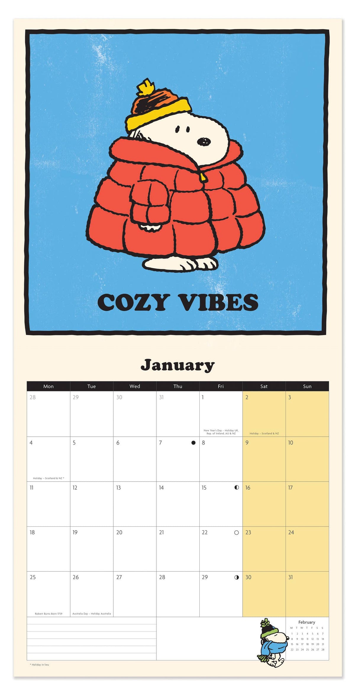 Snoopy calendar open on January: Cozy vibes