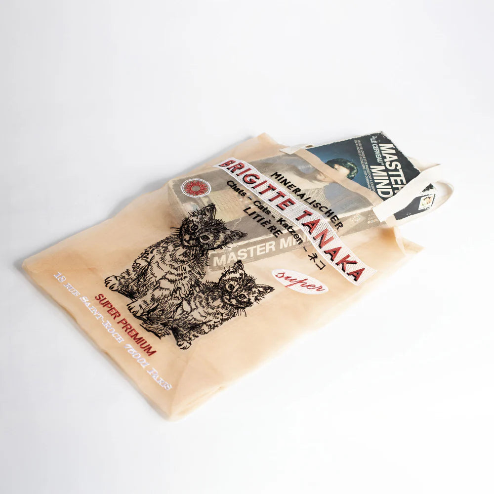 Brigitte Tanaka peach organza bag printed with two cats and red lettering
