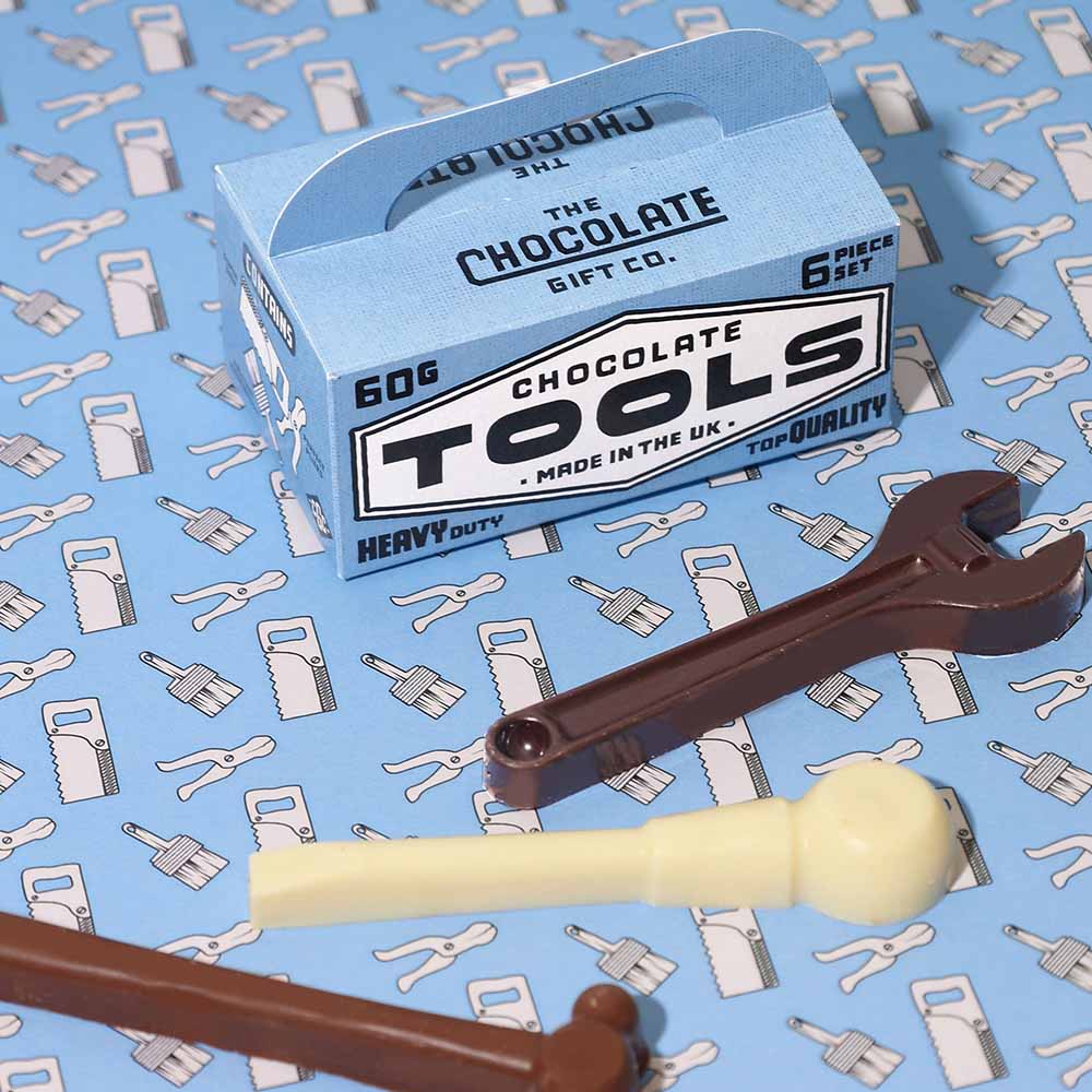 Chocolate Gift Co chocolate tool box with a chocolate spanner and white chocolate hammer