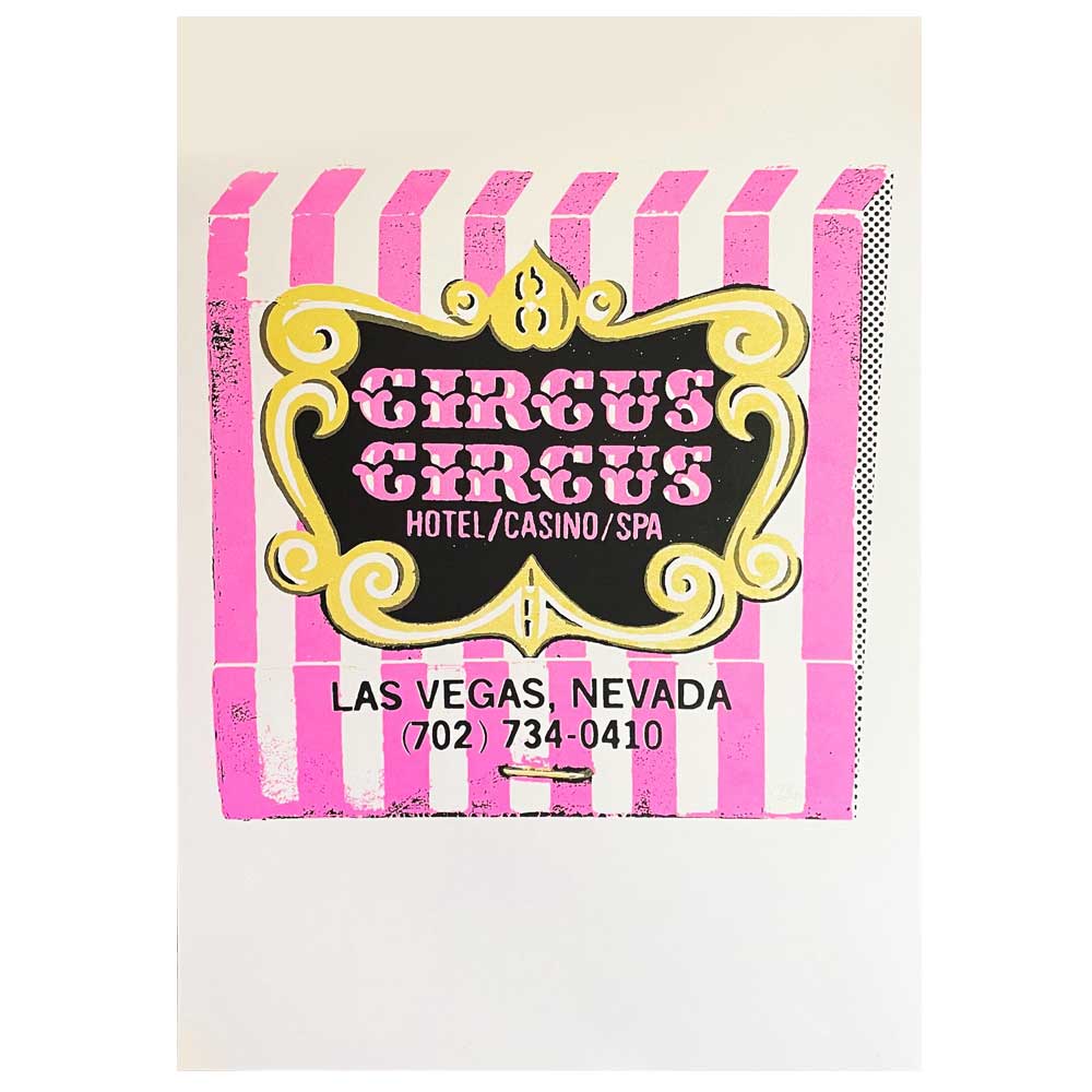 Mandy Doubt print of a vintage Circus Circus Las Vegas matchbook in pink and white stripes