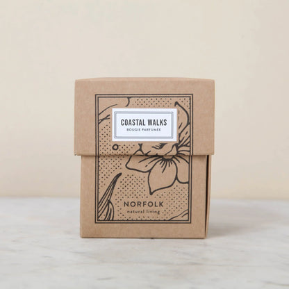 Coastal Walks candle box: kraft card with a black floral print and white label