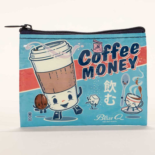 Blue Q coin purse: a smiling takeaway coffee cup and coffee bean, with 'Coffee money'
