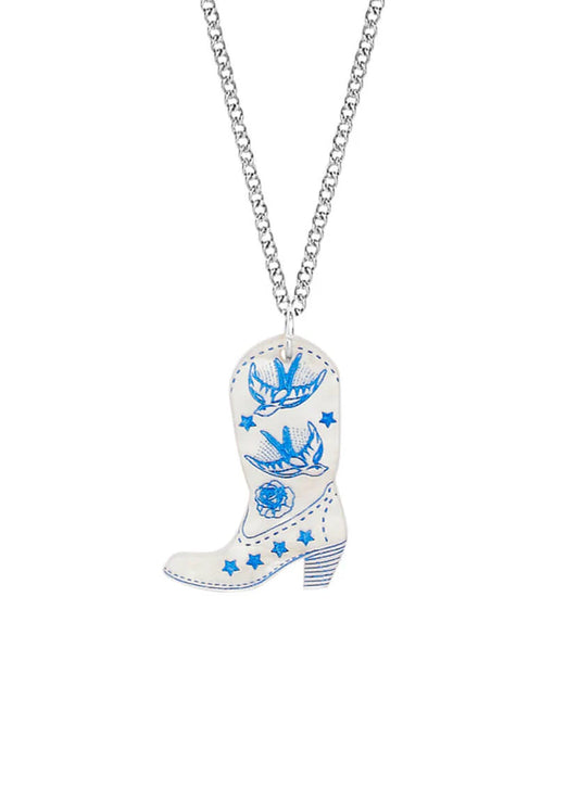 Tatty Devine cowboy boot pendant in white with blue swallows and flowers