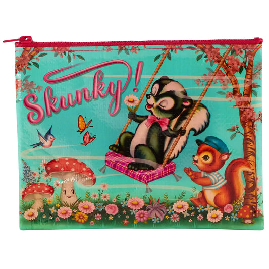Blue Q zip pouch: a skunk on a swing with a squirrel and toadstools, with 'Skunky!'