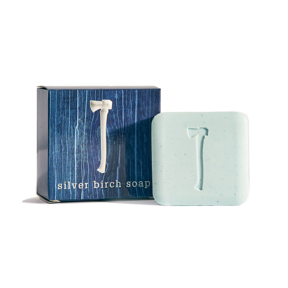 Kalastyle silver birch soap bar stamped with an axe beside its blue box
