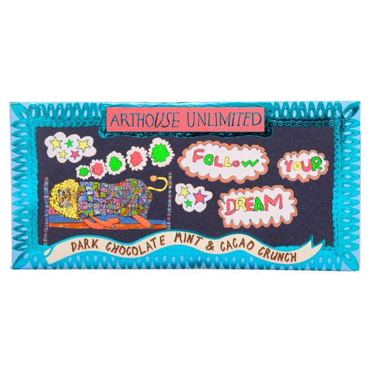 Arthouse Unlimited Follow Your Dream dark chocolate mint and cacao crunch mini bar in blue patterned packaging