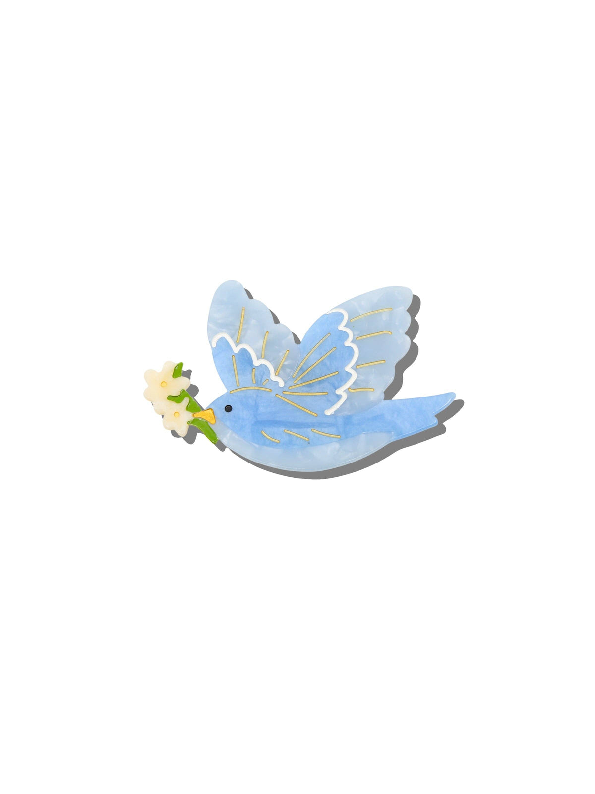 Solar Eclipse hand-painted bluebird brooch carrying a sprig of flowers