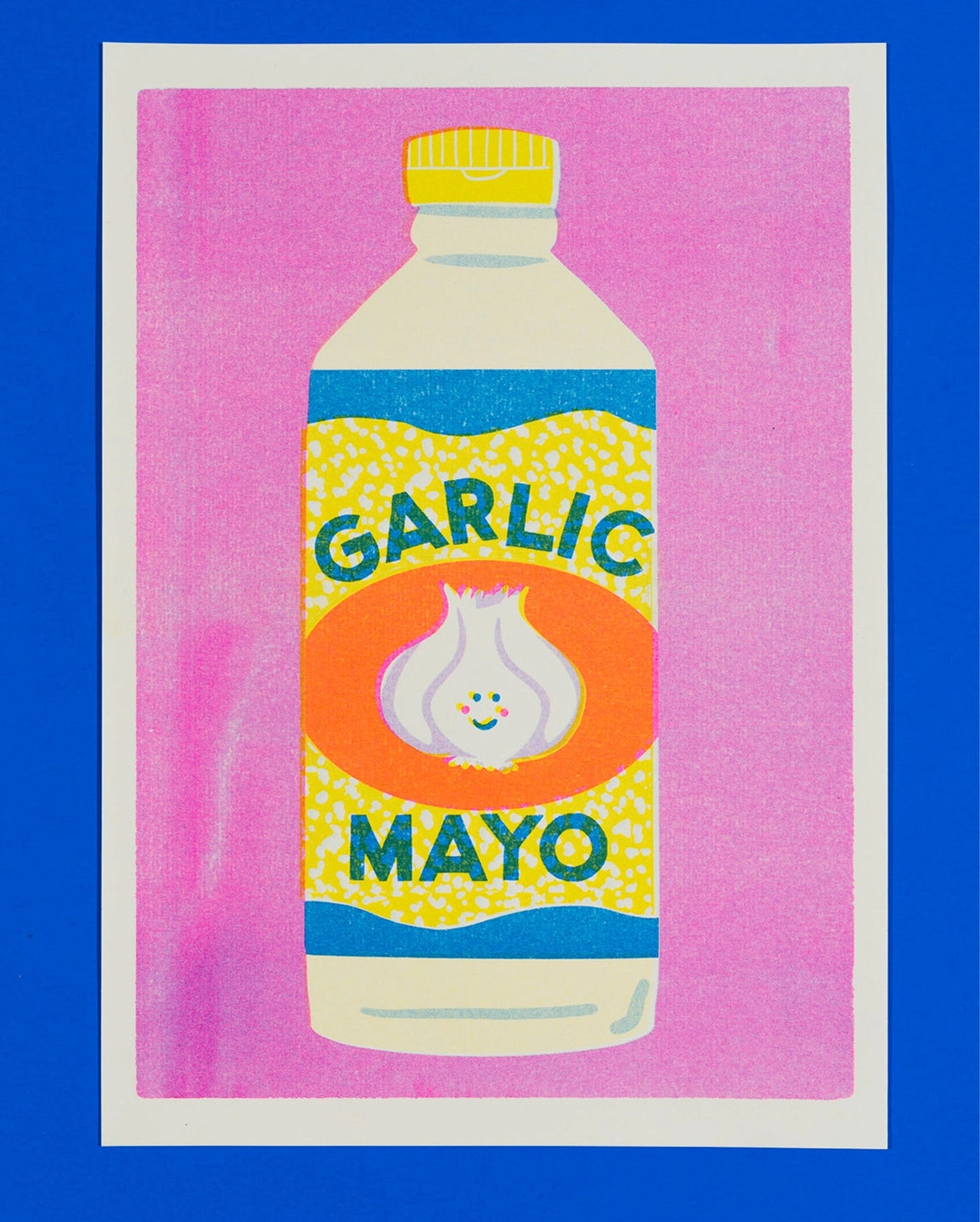 Naomi Wilkinson A4 riso print: a bottle of garlic mayo with a smiling garlic bulb, on pink