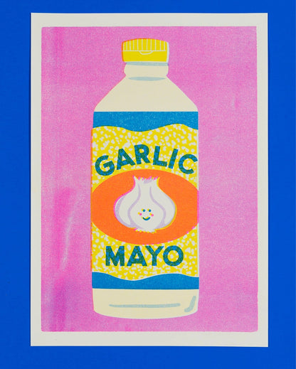 Naomi Wilkinson A4 riso print: a bottle of garlic mayo with a smiling garlic bulb, on pink