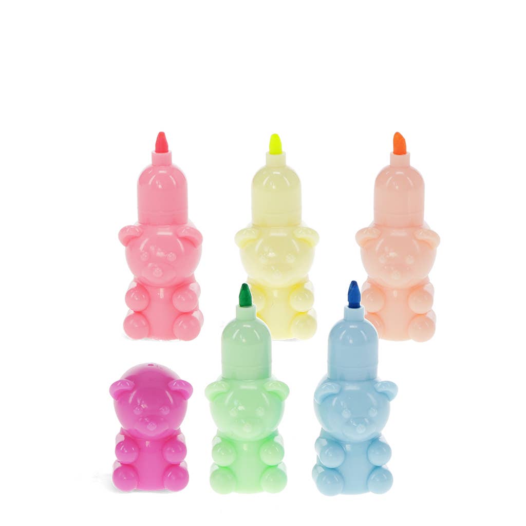Six teddy bear highlighters with their caps off