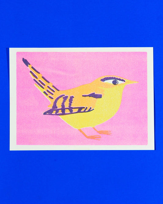 Naomi Wilkinson A5 mini print: a yellow and purple wren on pink