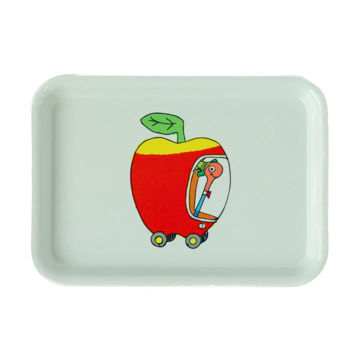 Richard Scarry tray in mint green with Lowly Worm driving the apple car
