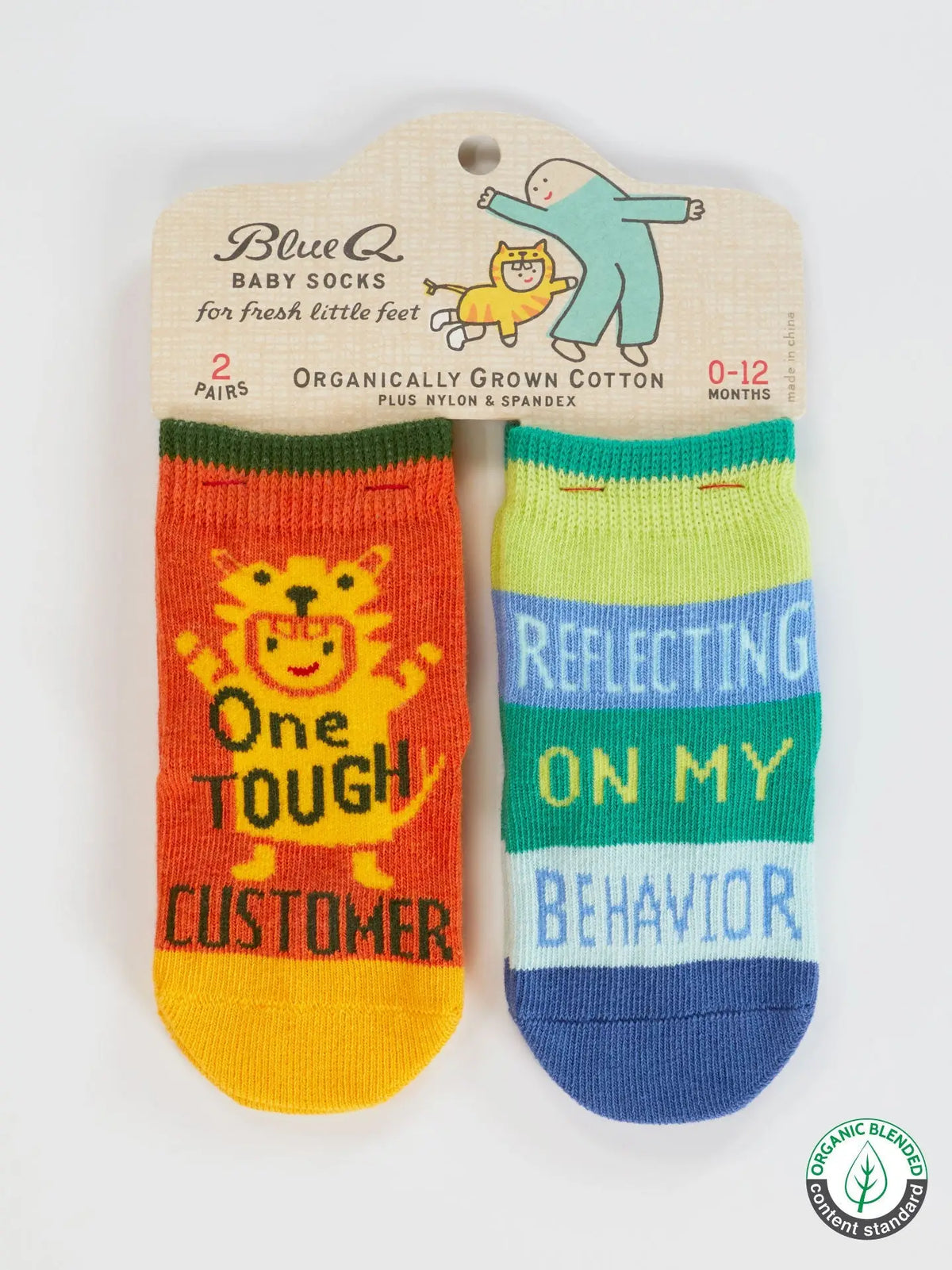 Blue Q baby socks, two pairs: 'One tough customer' with a tiger and 'Reflecting on my behavior'