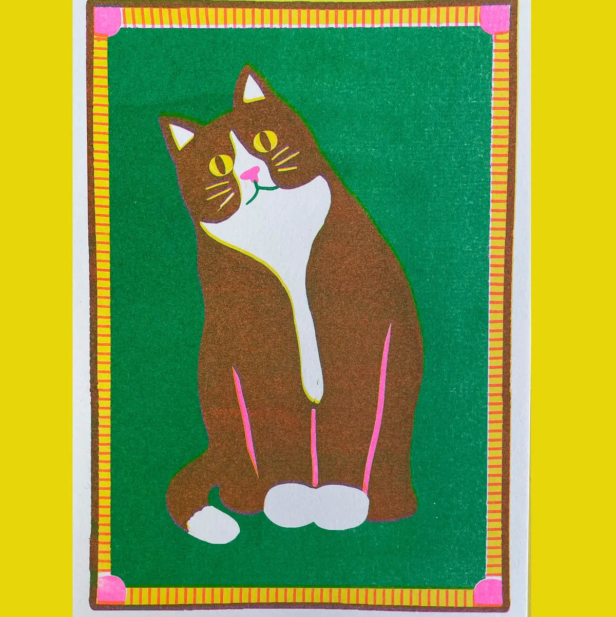 Naomi Wilkinson A5 mini print: a brown and white cat sitting on green