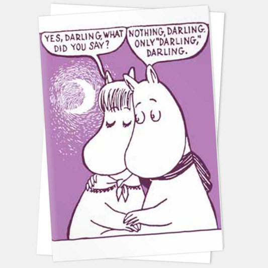 Purple Moomin card of Moominmamma and Moominpappa: 'Yes, darling, what did you say?' 'Nothing, darling. Only darling, darling.'