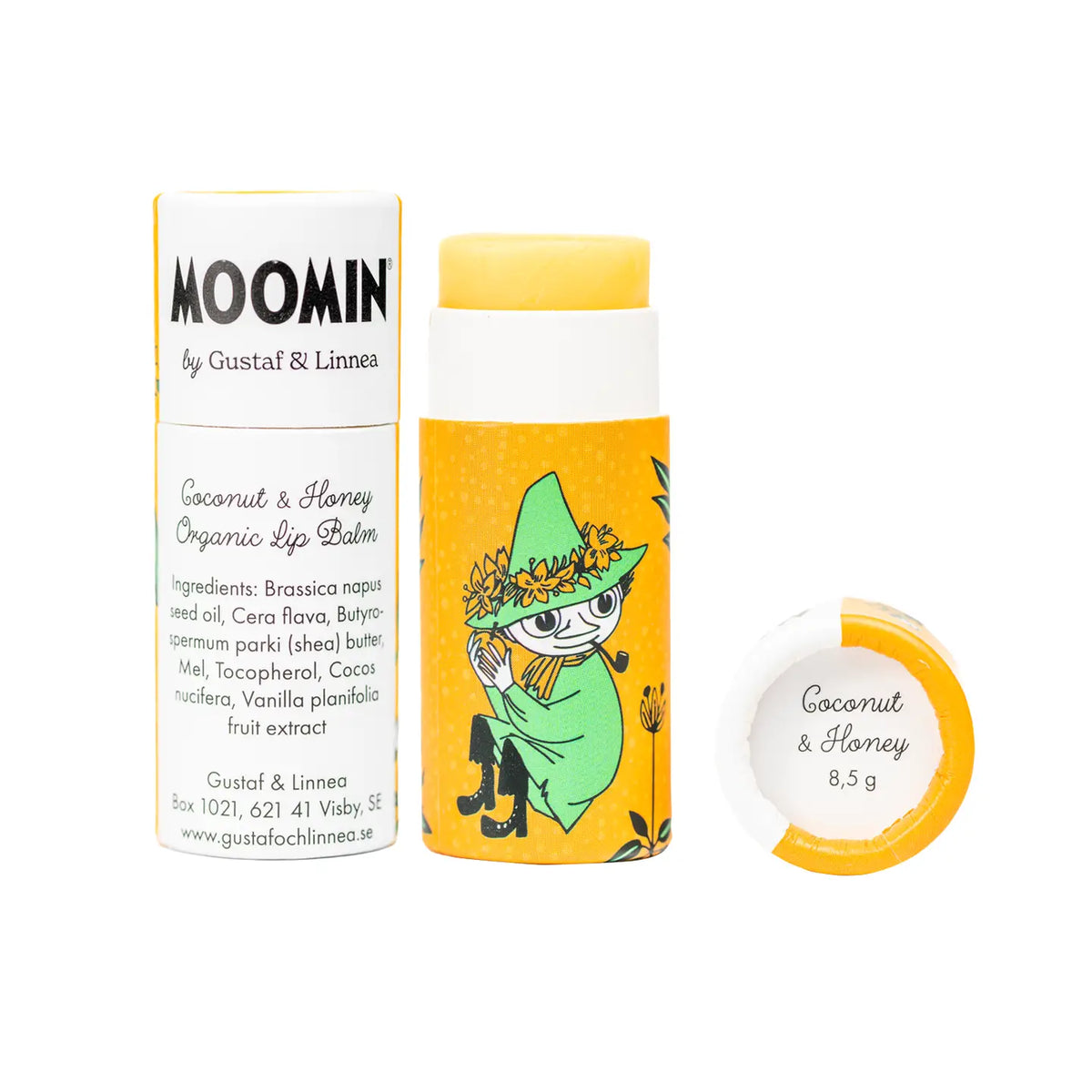 Moomin coconut and honey organic lip balm tube with Snufkin
