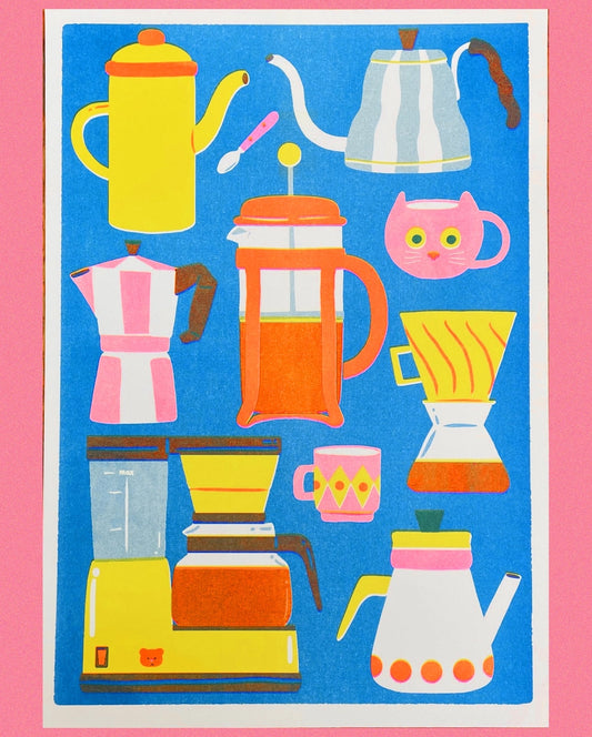 Naomi Wilkinson A3 riso print: a collection of colourful coffee pots, cafetières and mugs on blue