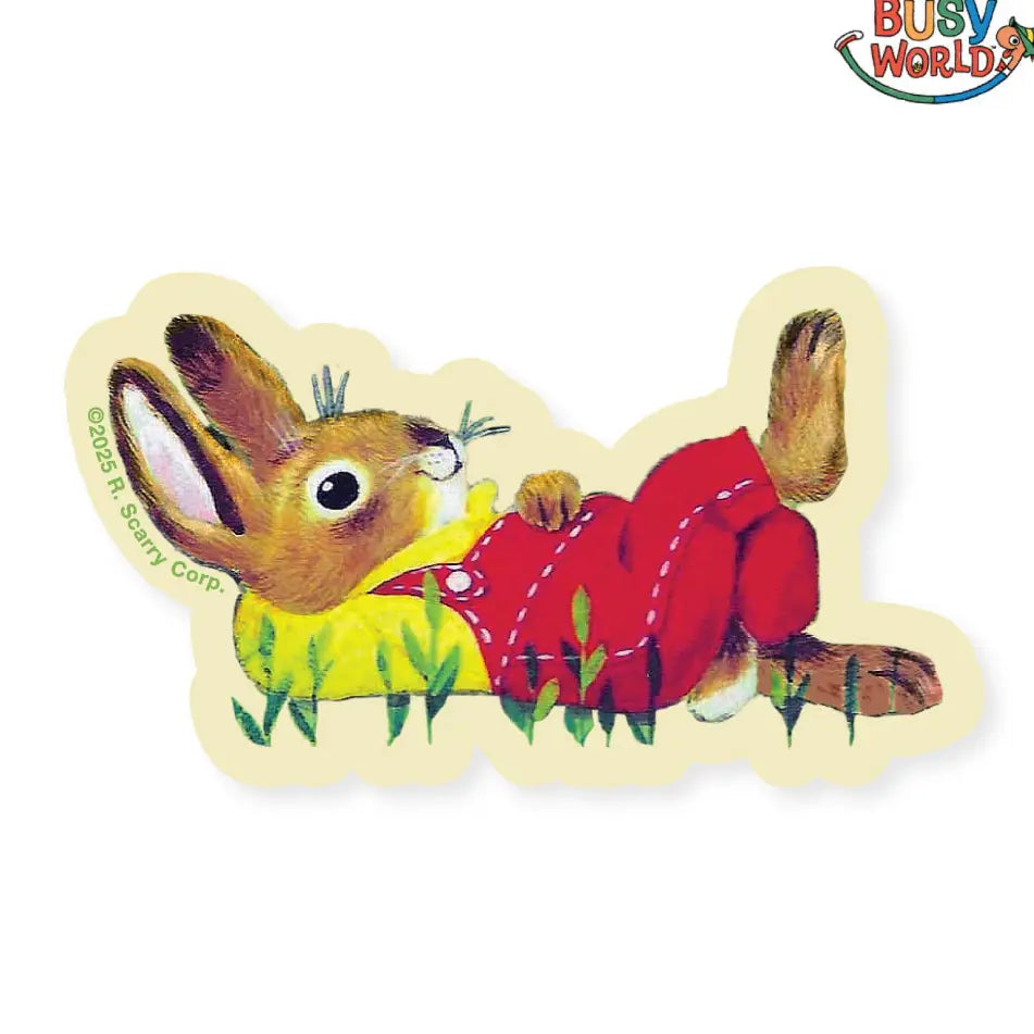 Richard Scarry sticker: Nicholas Bunny in red dungarees lying in the grass daydreaming