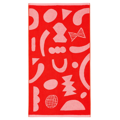 Red bath towel with pink abstract shapes