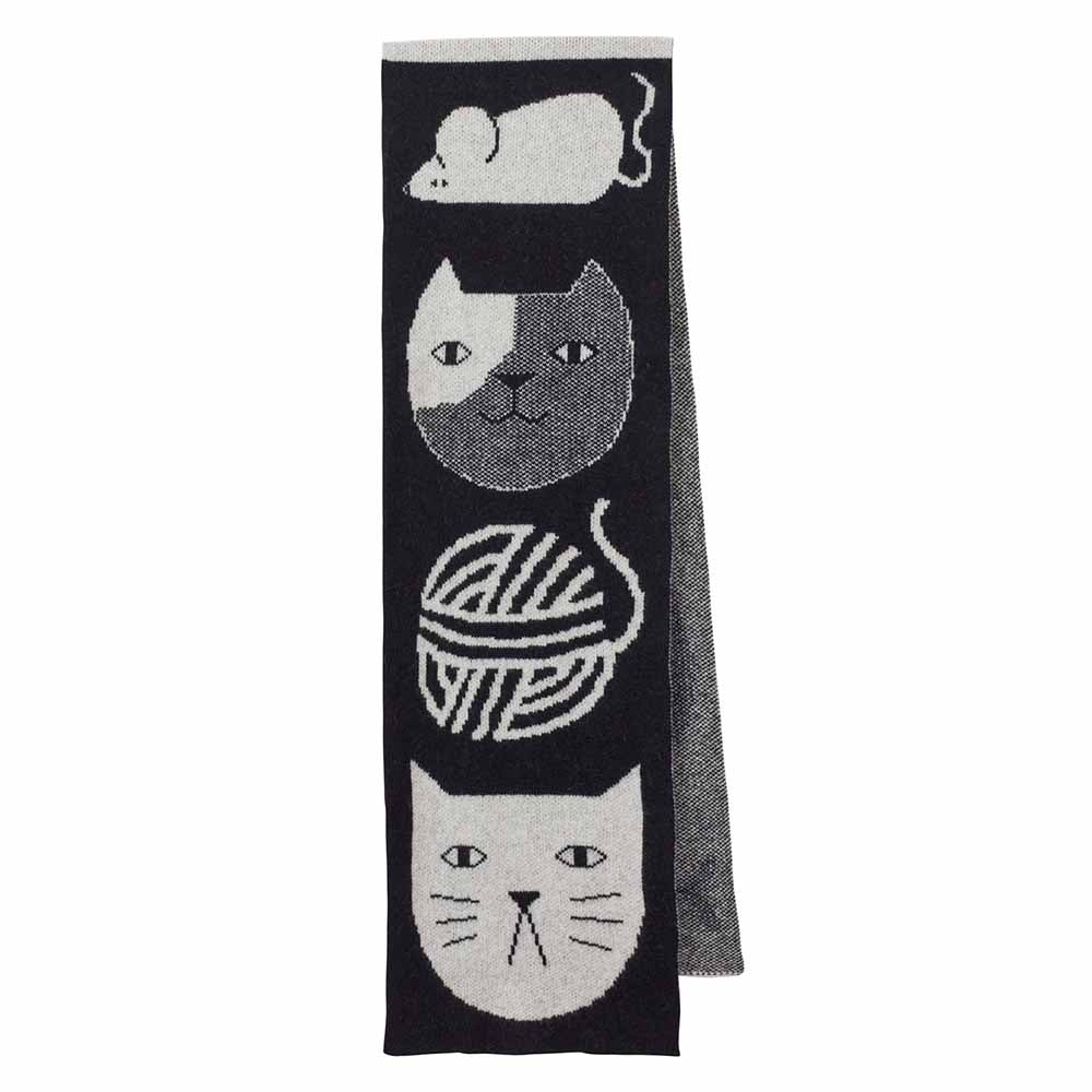 Black and grey knitted scarf with a mouse, cat faces and a ball of wool