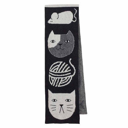 Black and grey knitted scarf with a mouse, cat faces and a ball of wool