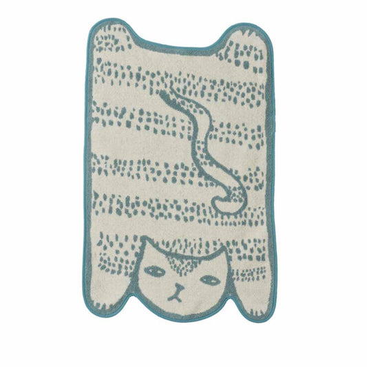 Cream bath mat shaped like a cat lying flat, with blue stripes and a blue edge