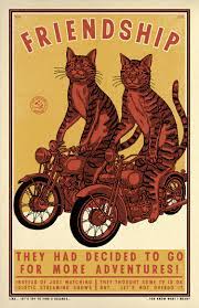Screenprint of two tabby cats on a motorbike: Friendship, they had decided to go for more adventures!