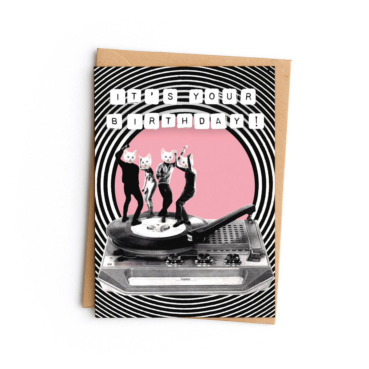Card with cats dancing on a record player: It's your birthday!