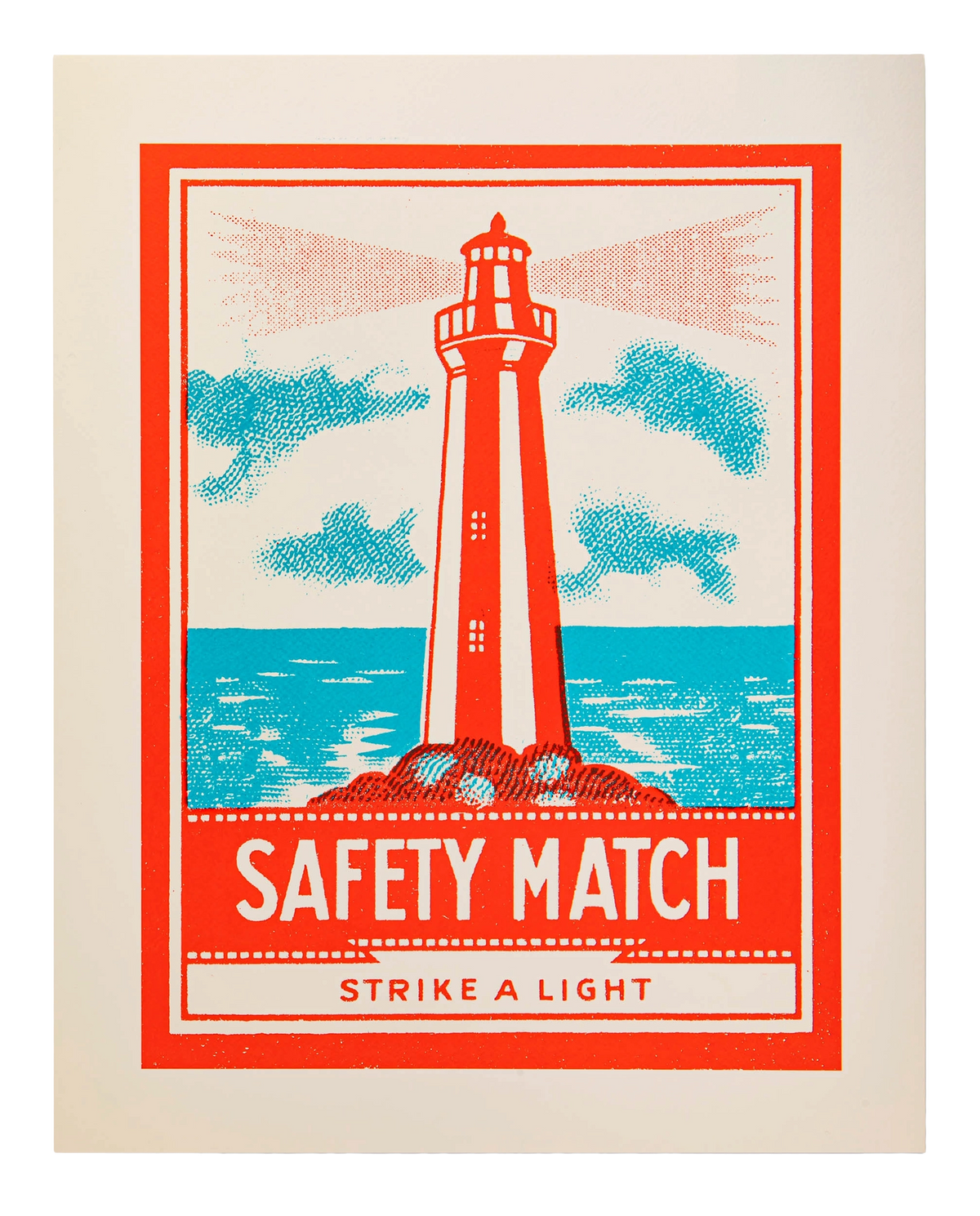 Archivist 40x50 print: a red and white lighthouse with 'Safety match – Strike a light'