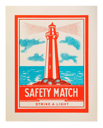 Archivist 40x50 print: a red and white lighthouse with 'Safety match – Strike a light'
