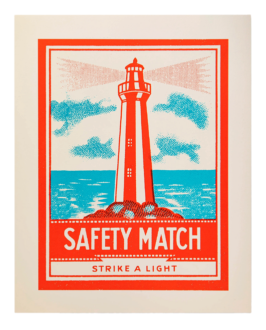 Archivist 40x50 print: a red and white lighthouse with 'Safety match – Strike a light'