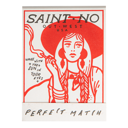 Match book cover: a cowgirl in a red hat: Saint-No, out west USA, perfect match