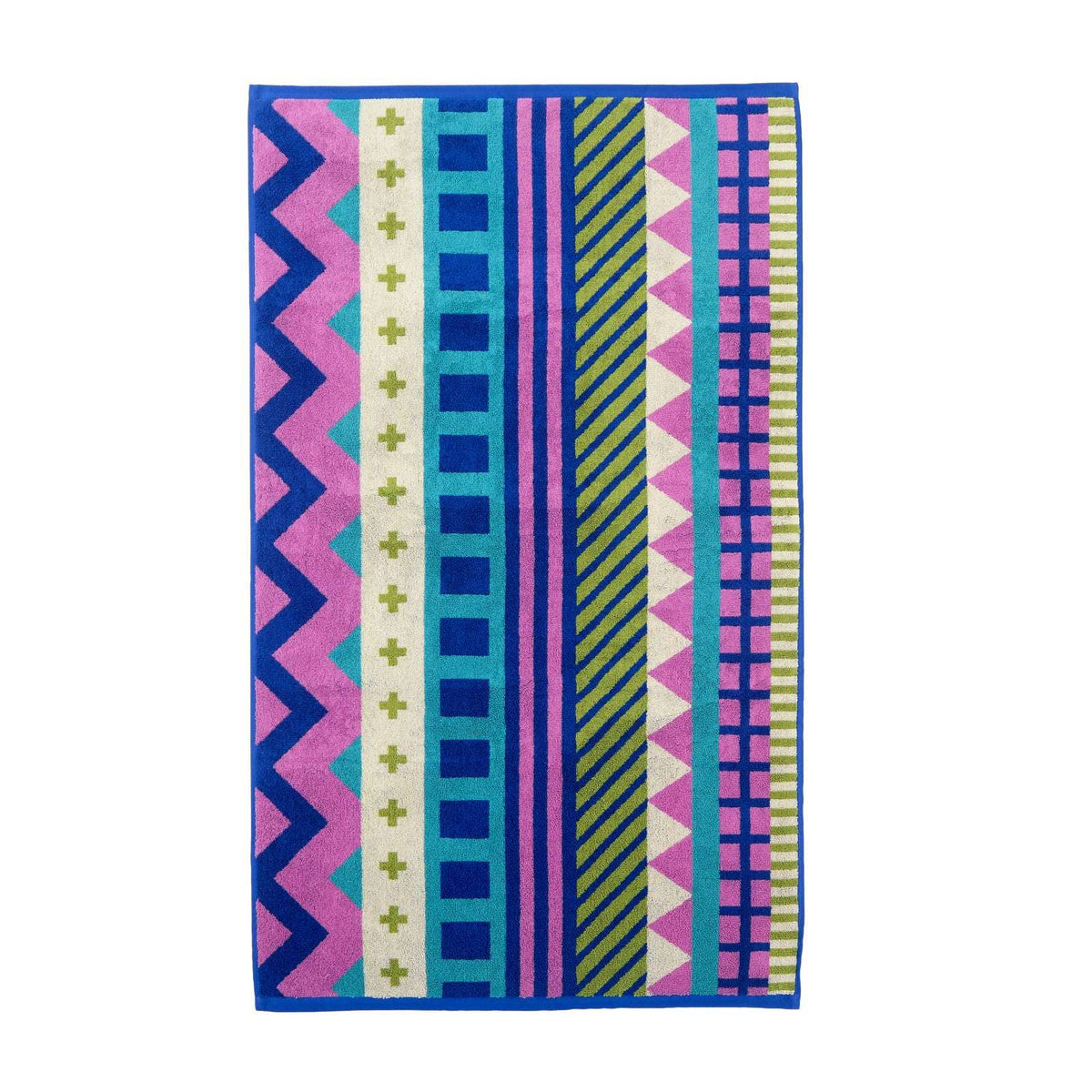 Donna Wilson Circus bath towel with pink, blue and green zigzags, crosses and stripes
