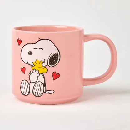 Pink mug with Snoopy hugging Woodstock among red hearts
