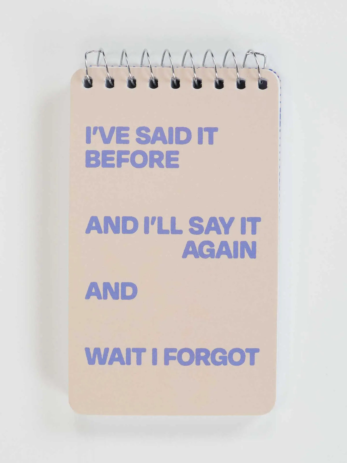 Blue Q mini notebook reading 'I've said it before and I'll say it again and wait I forgot'