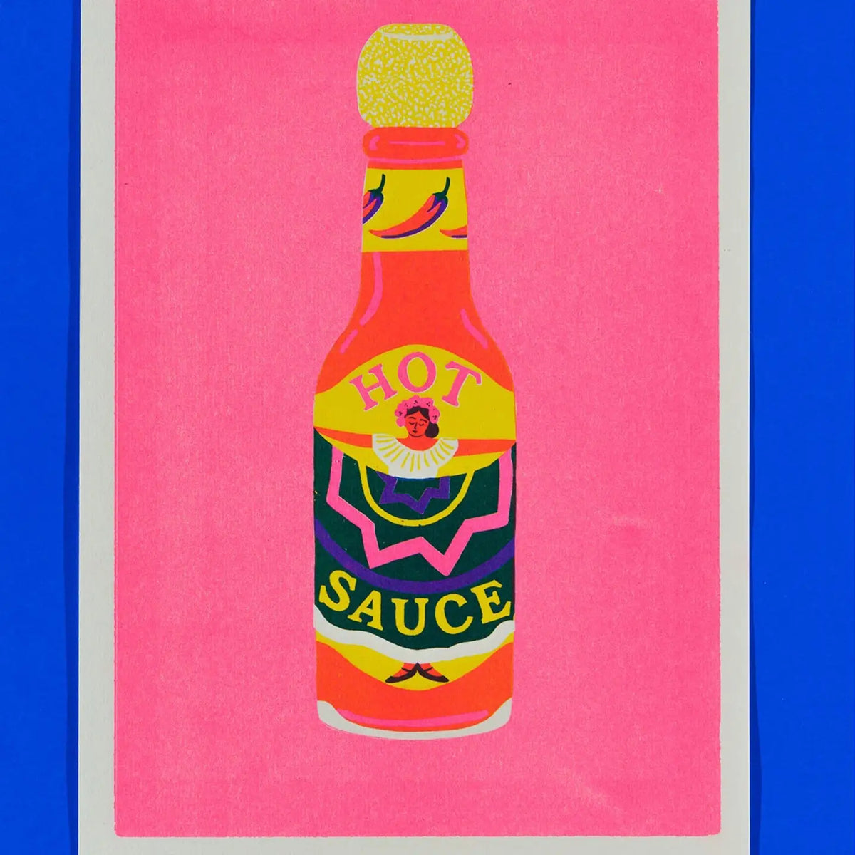 Naomi Wilkinson A4 riso print: a hot sauce bottle on pink