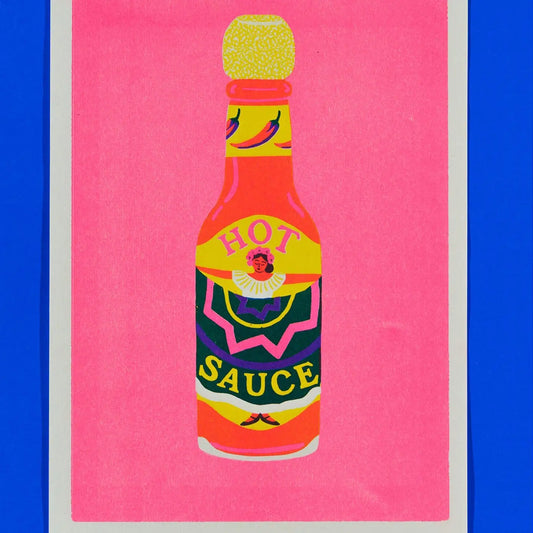 Naomi Wilkinson A4 riso print: a hot sauce bottle on pink